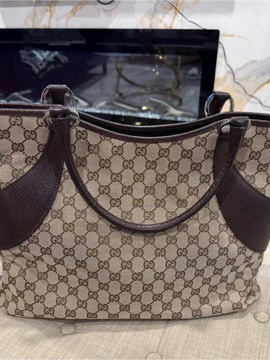 Gucci Handbags - Gucci Brown and Beige GG Canvas Tote with Dark Brown Leather Trim